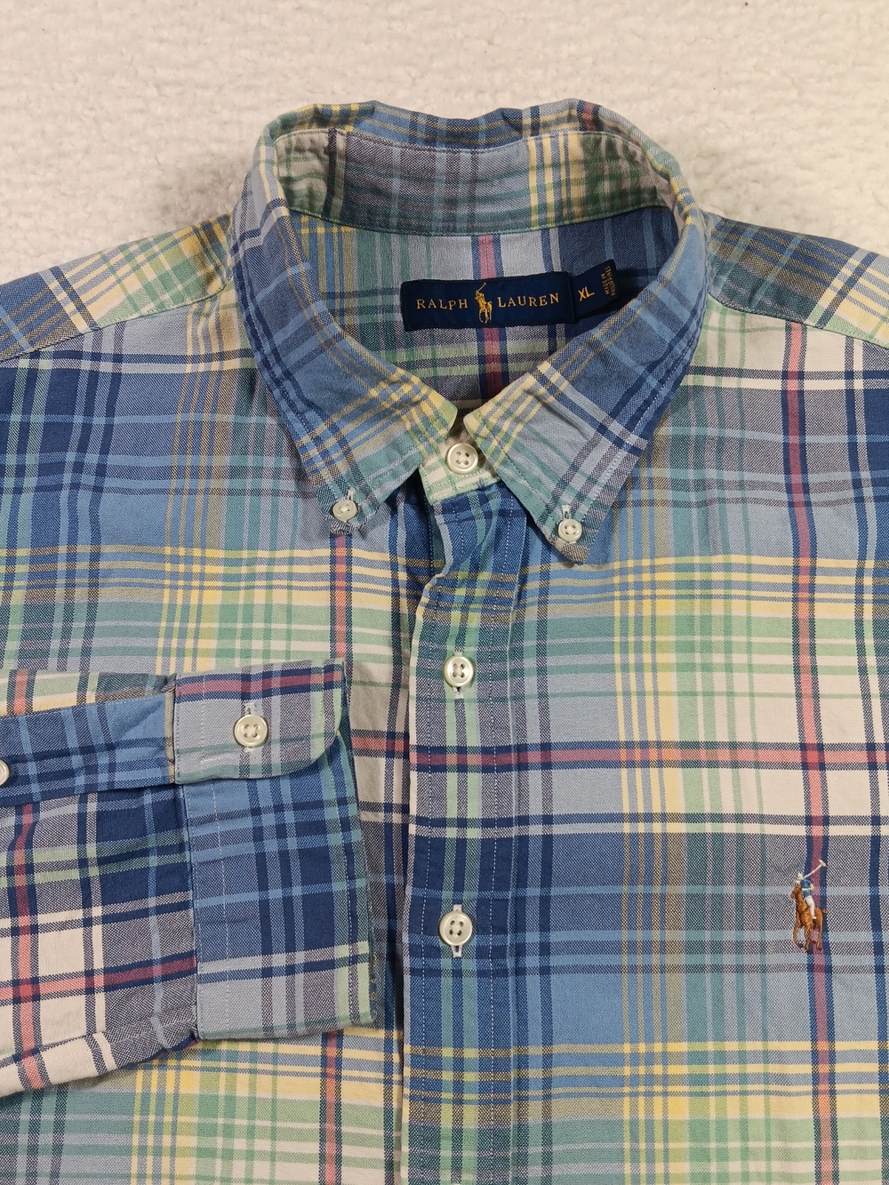 Ralph Lauren Shirt Mens XL Blue Madras Plaid Flesh Pony Flannel Preppy Flowy